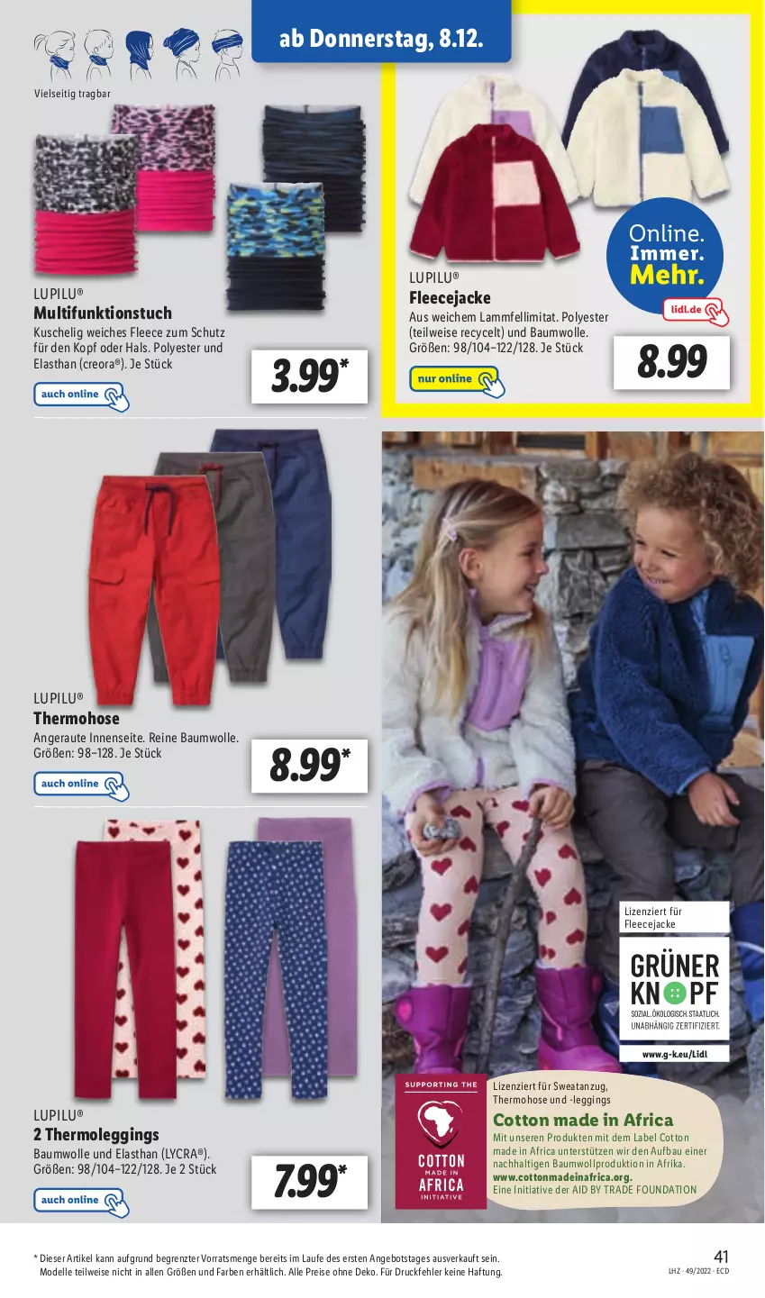 Aktueller Prospekt Lidl - Aktionsprospekt - von 05.12 bis 10.12.2022 - strona 41 - produkty: angebot, Anzug, Bau, baumwolle, dell, eis, elle, Fleecejacke, gin, hose, Jacke, lamm, Lammfell, leggings, lupilu, Mode, reine baumwolle, reis, Thermoleggings, Ti, tuc, wolle, ZTE