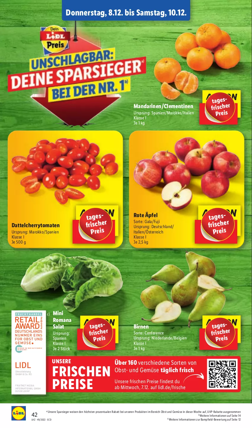 Aktueller Prospekt Lidl - Aktionsprospekt - von 05.12 bis 10.12.2022 - strona 42 - produkty: Birnen, cherrytomaten, clementinen, discount, eis, ente, LG, mandarine, mandarinen, obst, Obst und Gemüse, reis, salat, Ti, tomate, tomaten, und gemüse