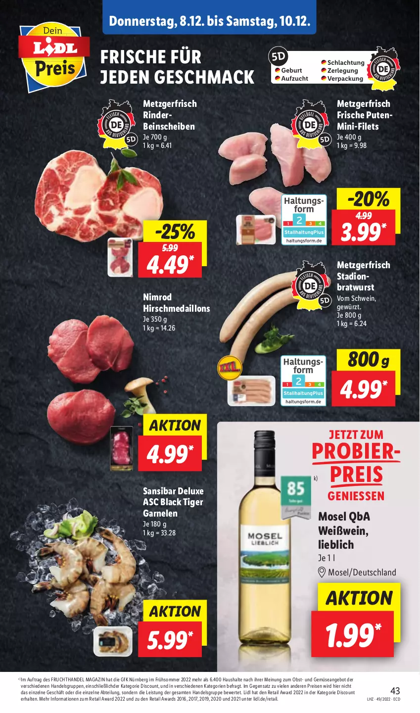 Aktueller Prospekt Lidl - Aktionsprospekt - von 05.12 bis 10.12.2022 - strona 43 - produkty: Abtei, angebot, bier, bratwurst, discount, eis, filet, filets, frucht, garnelen, gewürz, lack, mac, magazin, medaillons, obst, pute, reis, rind, rinder, schwein, Ti, und gemüse, wein, Weißwein, wurst