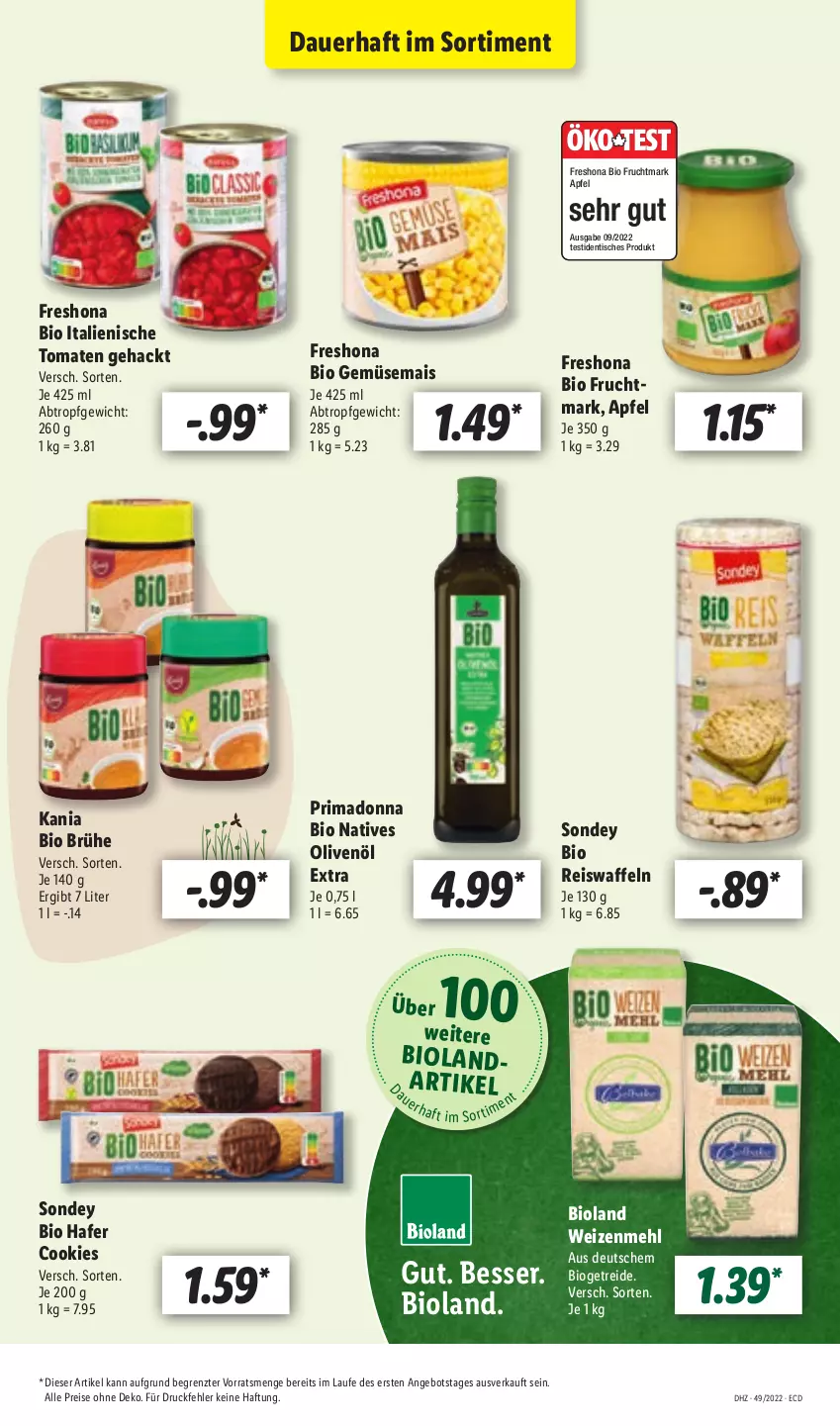 Aktueller Prospekt Lidl - Aktionsprospekt - von 05.12 bis 10.12.2022 - strona 45 - produkty: angebot, apfel, auer, bio, bio gemüse, bioland, Brühe, cookie, cookies, eis, eiswaffeln, frucht, Fruchtmark, gemüsemais, hafer, mais, mehl, natives olivenöl, olive, oliven, olivenöl, olivenöl extra, reis, Reiswaffeln, Sondey, Ti, tisch, tomate, tomaten, waffeln, weizenmehl, ZTE