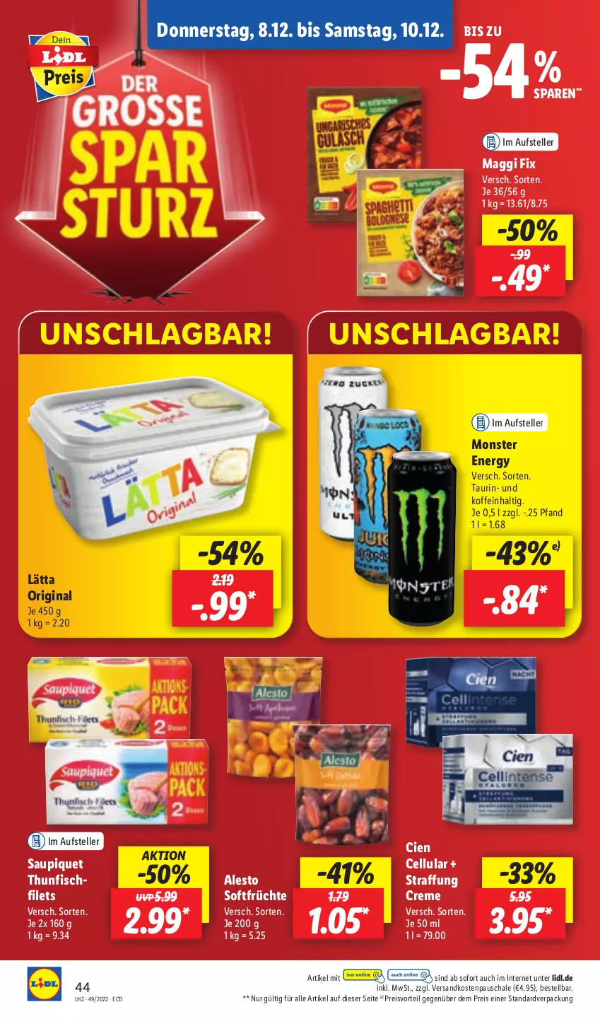 Aktueller Prospekt Lidl - Aktionsprospekt - von 05.12 bis 10.12.2022 - strona 46 - produkty: alesto, Cien, creme, eis, elle, filet, filets, fisch, früchte, gin, lätta, maggi, maggi fix, monster, Monster Energy, ndk, preisvorteil, reis, saupiquet, Schal, Schale, teller, thunfisch, Ti