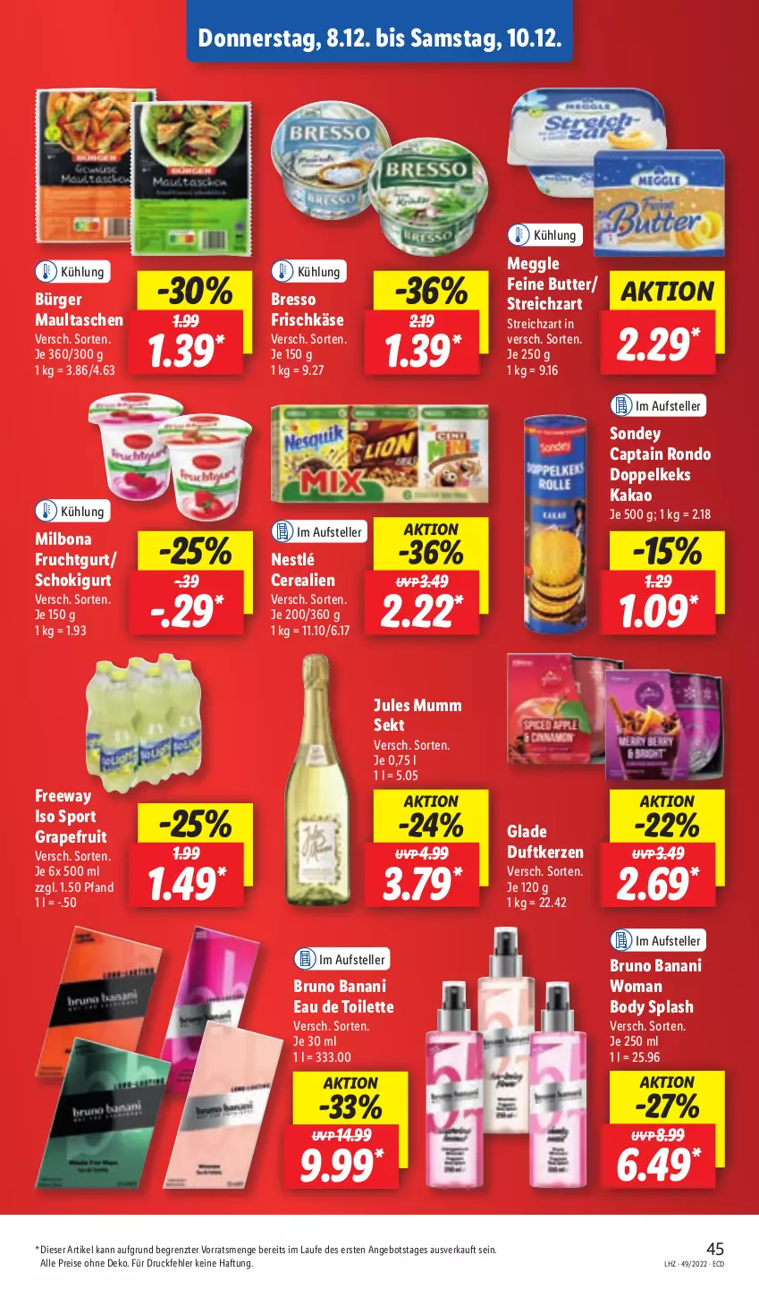 Aktueller Prospekt Lidl - Aktionsprospekt - von 05.12 bis 10.12.2022 - strona 47 - produkty: angebot, body, Bona, bresso, bruno banani, butter, Cap, cerealien, Duftkerze, eau de toilette, eis, elle, frischkäse, frucht, Fruchtgurt, Glade, grapefruit, jules mumm, kakao, Käse, keks, kerze, maultaschen, meggle, Milbona, mumm, nestlé, reis, sekt, Sondey, Sport, Streichzart, Tasche, taschen, teller, Ti, ZTE