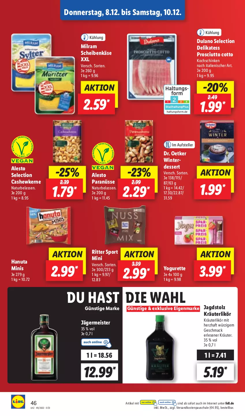 Aktueller Prospekt Lidl - Aktionsprospekt - von 05.12 bis 10.12.2022 - strona 48 - produkty: alesto, Cashew, cashewkerne, dessert, Dr. Oetker, dulano, eis, elle, Germ, hanuta, jägermeister, Käse, kochschinken, kräuter, kräuterlikör, likör, mac, Meister, milram, natur, ndk, prosciutto, prosciutto cotto, ritter, ritter sport, Schal, Schale, schinken, Sport, teller, Ti, Yo, yogurette