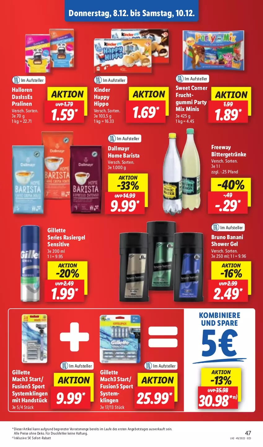 Aktueller Prospekt Lidl - Aktionsprospekt - von 05.12 bis 10.12.2022 - strona 49 - produkty: angebot, bruno banani, dallmayr, eis, elle, frucht, fusion5, getränk, getränke, gillette, hipp, Kinder, mac, mach3, pralinen, rasiergel, reis, sofort-rabatt, Sport, Systemklingen, teller, Ti, ZTE