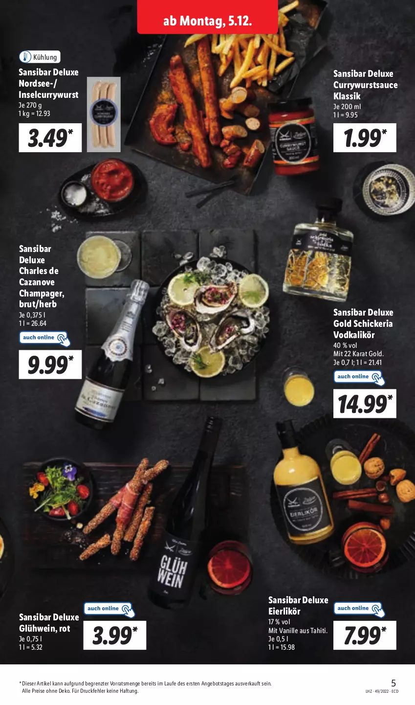 Aktueller Prospekt Lidl - Aktionsprospekt - von 05.12 bis 10.12.2022 - strona 5 - produkty: angebot, brut, curry, currywurst, eier, eierlikör, eis, Glühwein, likör, Nordsee, reis, Ria, sauce, Ti, vanille, vodka, wein, wurst, ZTE