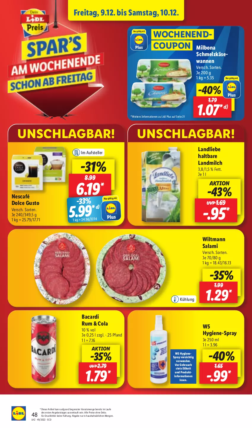 Aktueller Prospekt Lidl - Aktionsprospekt - von 05.12 bis 10.12.2022 - strona 52 - produkty: angebot, bacardi, bacardi rum, Bona, cola, coupon, dolce gusto, drucker, eis, elle, Engel, Käse, kerze, landliebe, landmilch, Milbona, milch, Nescafé, papier, Rauch, reis, rum, rwe, salami, Schmelzkäse, teller, Ti, Wanne, wiltmann, ZTE