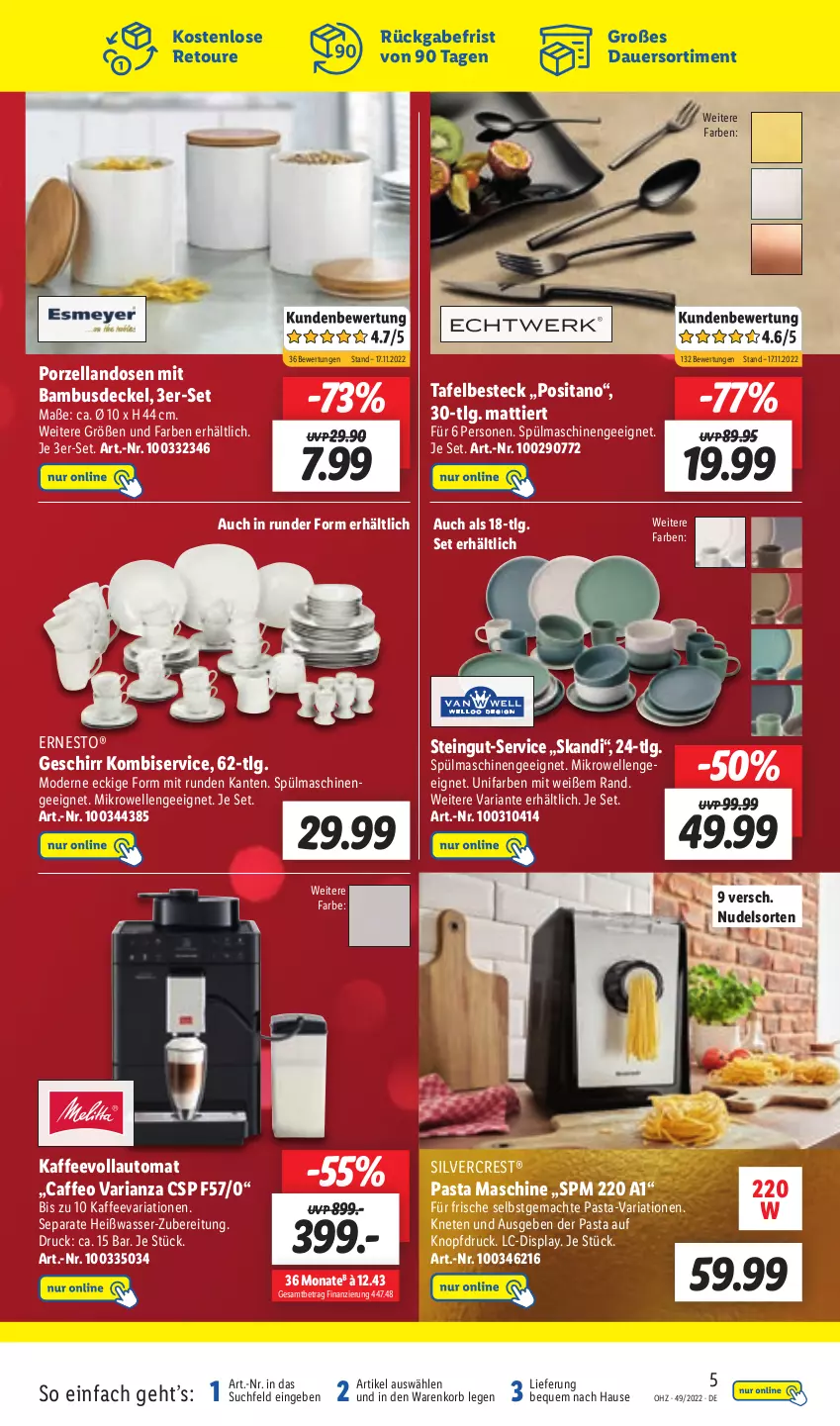 Aktueller Prospekt Lidl - Aktionsprospekt - von 05.12 bis 10.12.2022 - strona 59 - produkty: auer, auto, bambus, besteck, caffe, decke, Deckel, elle, ernesto, geschirr, kaffee, kaffeevollautomat, Kombiservice, korb, LG, mac, mikrowelle, Mode, nudel, pasta, Ria, silvercrest, spülmaschinen, Ti, wasser