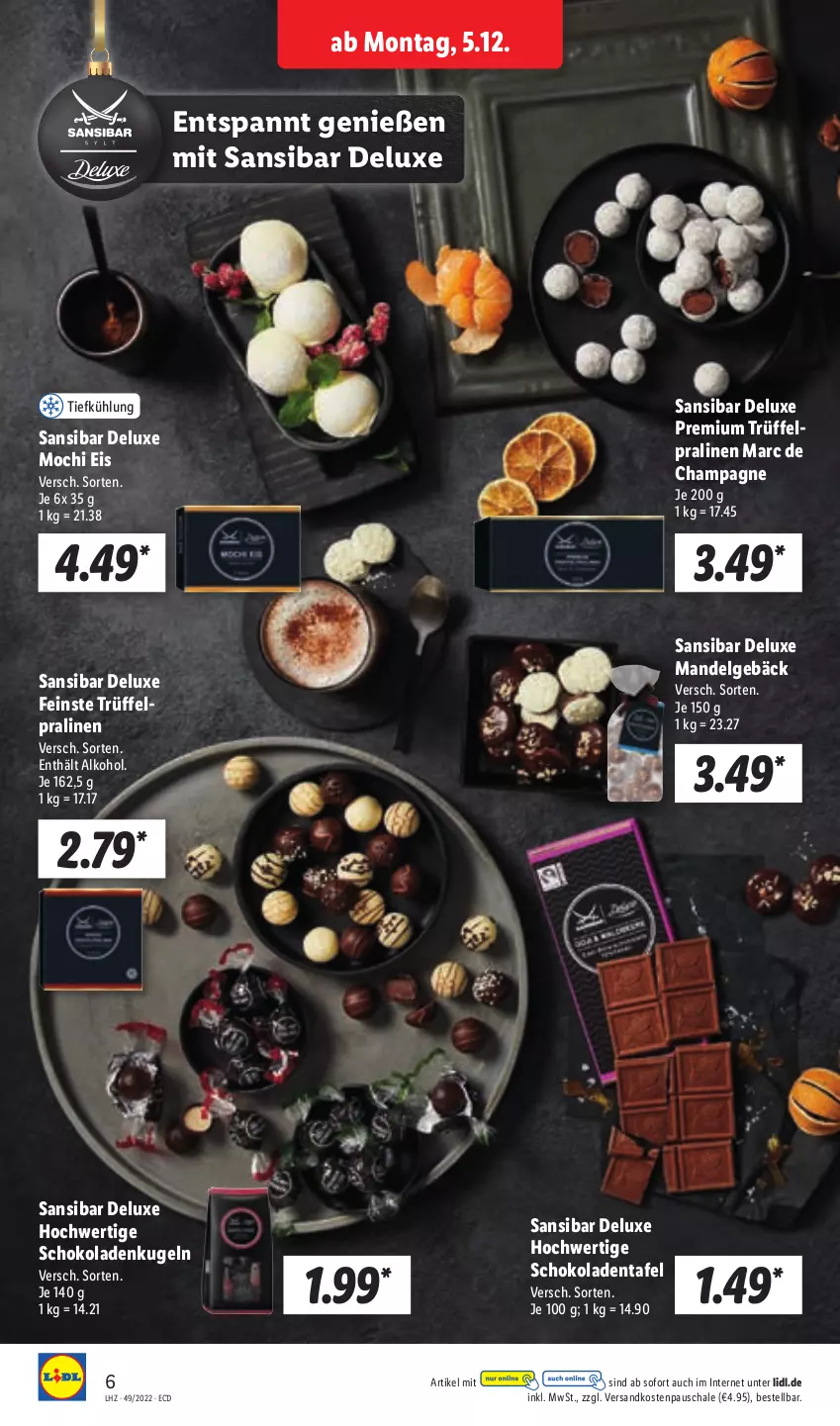 Aktueller Prospekt Lidl - Aktionsprospekt - von 05.12 bis 10.12.2022 - strona 6 - produkty: alkohol, champagne, eis, Kugel, LG, mandel, Mochi, ndk, pralinen, Schal, Schale, schoko, schokolade, schokoladen, Ti, Trüffel