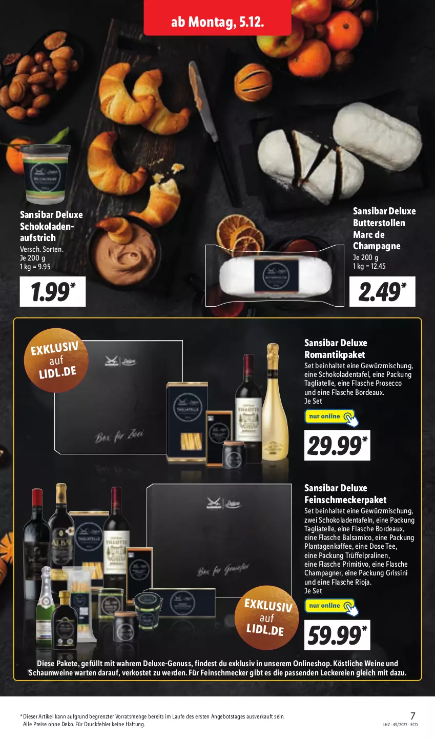 Aktueller Prospekt Lidl - Aktionsprospekt - von 05.12 bis 10.12.2022 - strona 7 - produkty: angebot, aufstrich, balsam, balsamico, butter, champagne, champagner, ecco, eis, elle, erde, feinschmecker, flasche, gewürz, Gewürzmischung, grissini, kaffee, nuss, pralinen, primitivo, prosecco, reis, rioja, schoko, schokolade, schokoladen, Stollen, tagliatelle, tee, Ti, Trüffel, wein, weine, ZTE