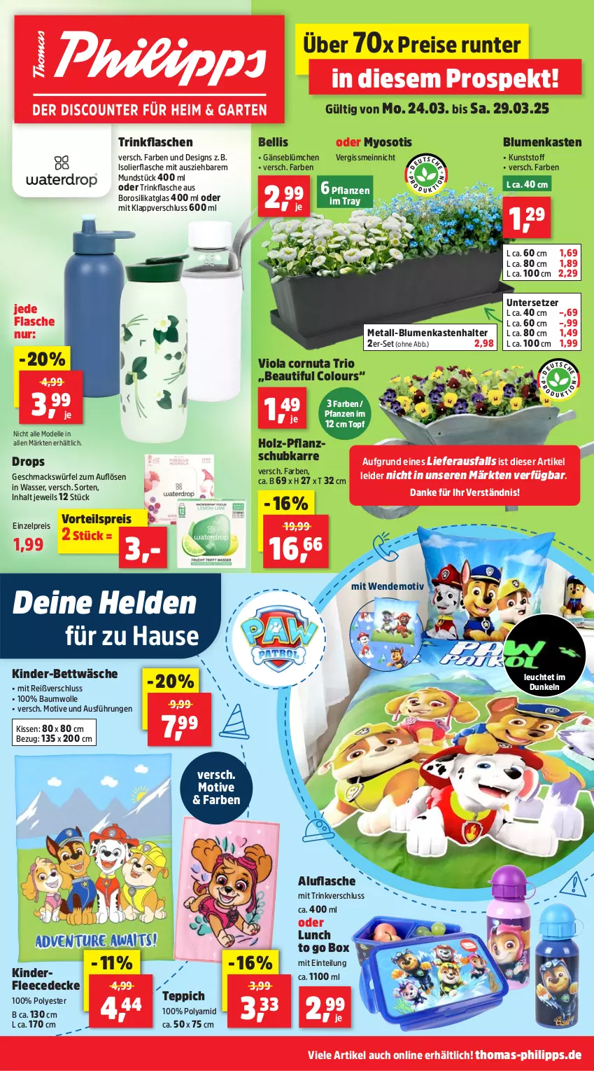 Aktueller Prospekt Thomas Philipps - von 24.03 bis 29.03.2025 - strona 1 - produkty: Aluflasche, Bau, baumwolle, bett, bettwäsche, blume, blumen, decke, dell, eis, elle, flasche, fleecedecke, Holz, isolierflasche, Kinder, kissen, Leuchte, mac, Mode, pflanze, pflanzen, reis, teppich, Ti, topf, trinkflasche, Untersetzer, vorteilspreis, wasser, wolle, würfel, Yo