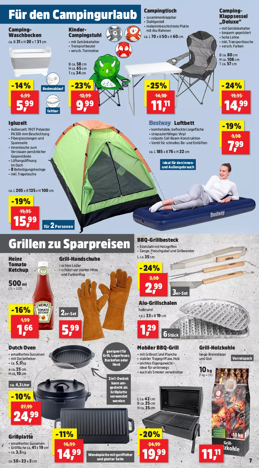 Aktueller Prospekt Thomas Philipps - von 24.03 bis 29.03.2025 - strona 7 - produkty: auer, backofen, besteck, bett, beutel, campingstuhl, Campingtisch, decke, Deckel, edelstahl, eis, elle, erde, fleisch, gabel, getränk, getränke, getränkehalter, grill, grill-holzkohle, grillfläche, grillplatte, grillrost, Grillschalen, handschuhe, heinz, hering, Holz, holzkohle, ketchup, Kinder, klappsessel, latte, LG, Liege, luftbett, Ofen, Rauch, reis, ring, rwe, Schal, Schale, schuhe, sessel, Sport, sporttasche, stuhl, Tasche, Ti, tisch, tomato ketchup, tragegriff, tragetasche, waschbecken, Zelt