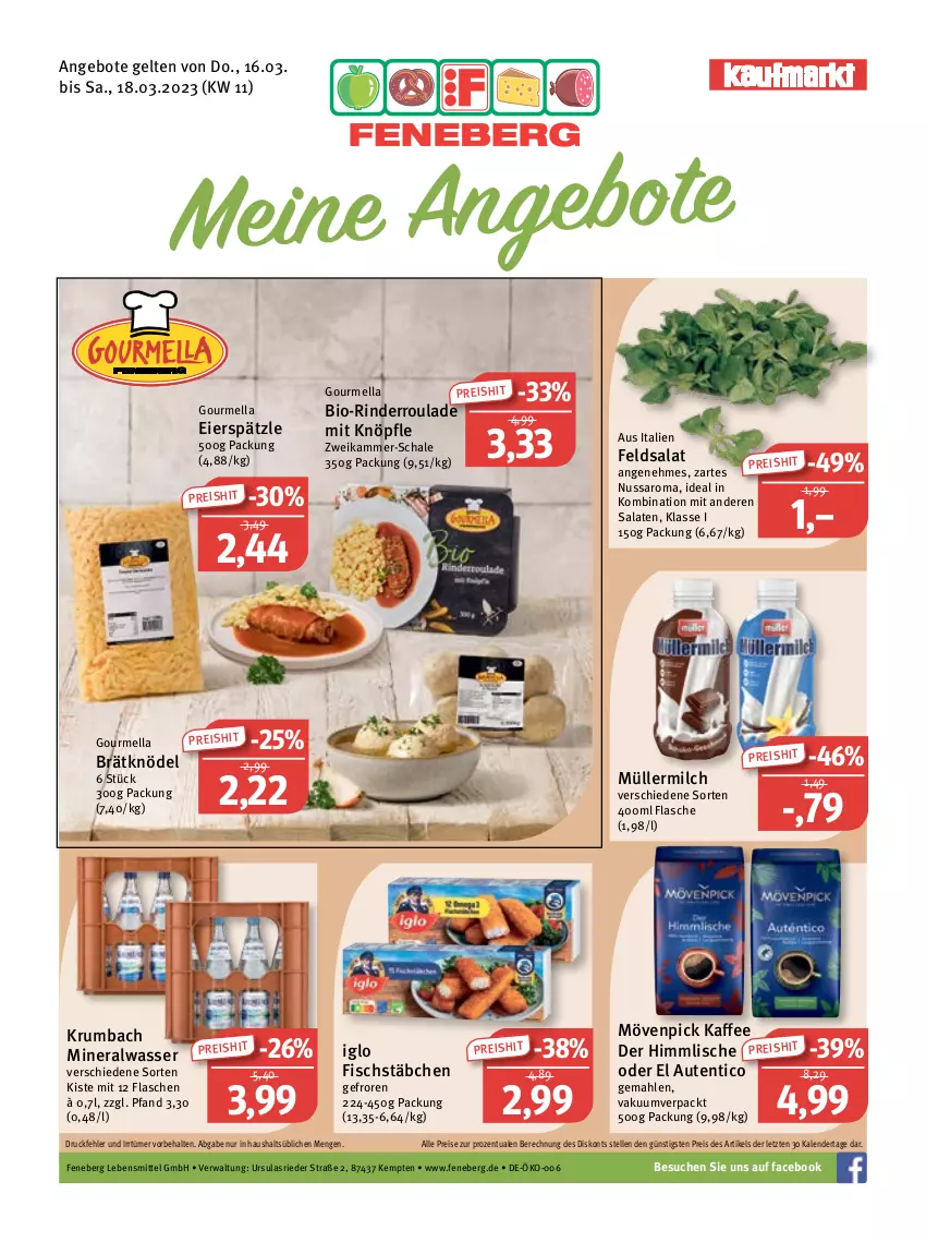 Aktueller Prospekt Feneberg - Prospekte - von 16.03 bis 18.03.2023 - strona 1 - produkty: Alwa, angebot, angebote, bio, eier, eierspätzle, eis, elle, feldsalat, fisch, fischstäbchen, flasche, iglo, kaffee, Knödel, krumbach, lebensmittel, milch, mineralwasser, mövenpick, mövenpick kaffee, Müller, müllermilch, nuss, reis, rind, rinder, Rinderroulade, rum, salat, salate, saro, Schal, Schale, Ti, wasser, ZTE