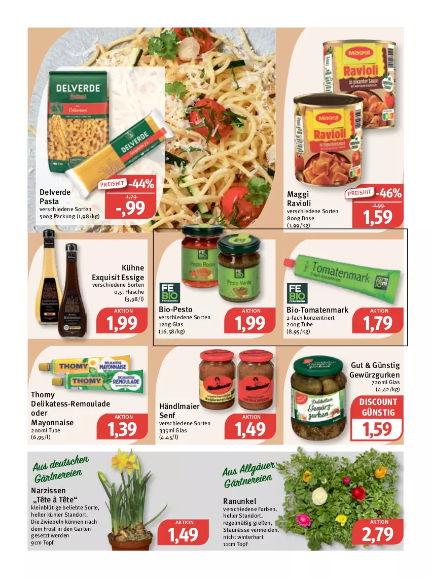 Aktueller Prospekt Feneberg - Prospekte - von 16.03 bis 18.03.2023 - strona 8 - produkty: bio, discount, eis, elle, erde, essig, flasche, Garten, gewürz, Gewürzgurke, gewürzgurken, gurke, gurken, händlmaier, Kühne, LG, maggi, mayonnaise, Narzissen, pasta, pesto, ravioli, reis, remoulade, senf, thomy, Ti, tomate, tomaten, tomatenmark, topf, Yo, zwiebel, zwiebeln