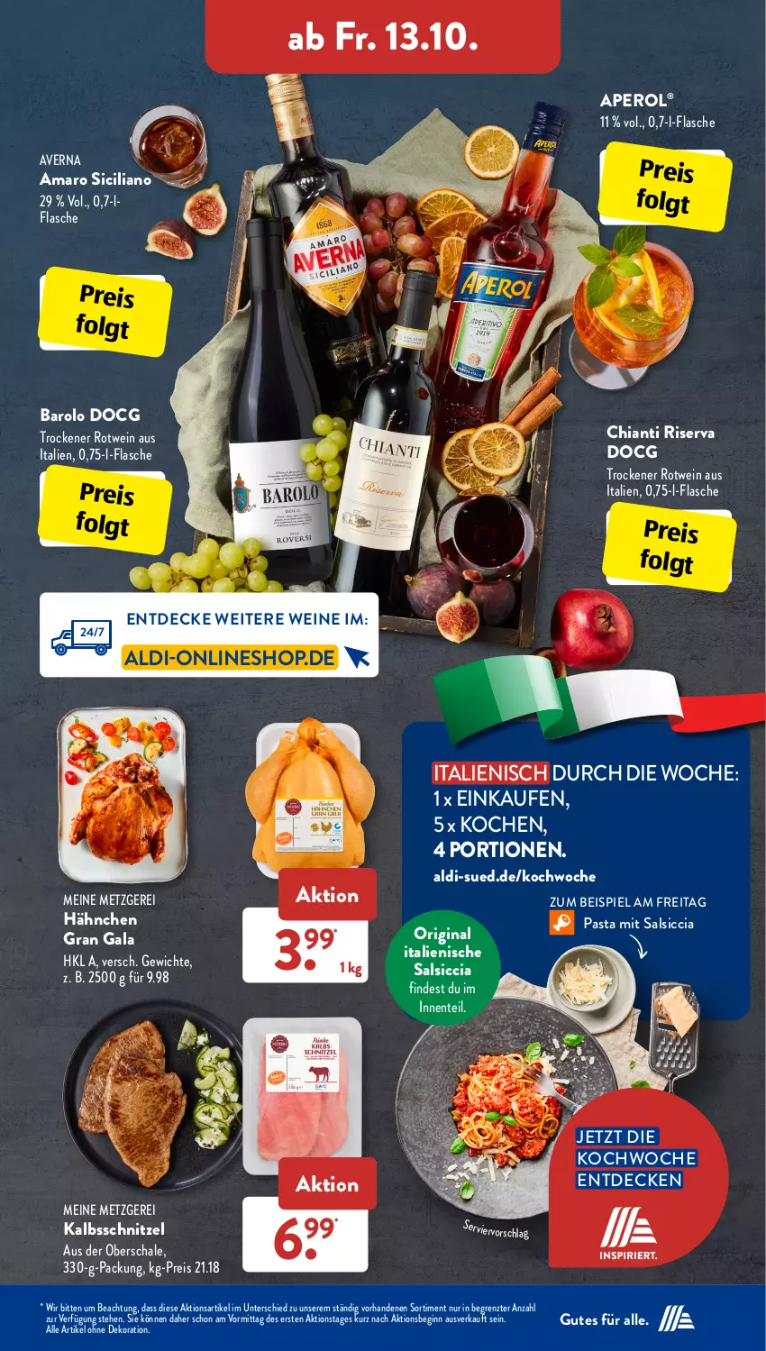 Aktueller Prospekt AldiSud - IN ZWEI WOCHEN - von 09.10 bis 14.10.2023 - strona 29 - produkty: aldi, alle artikel ohne dekoration, amaro, aperol, averna, Barolo, chia, chianti, decke, dekoration, eis, ente, flasche, gin, kalbsschnitzel, LG, pasta, reis, riserva, rotwein, salsiccia, Schal, Schale, schnitzel, Ti, wein, weine, ZTE