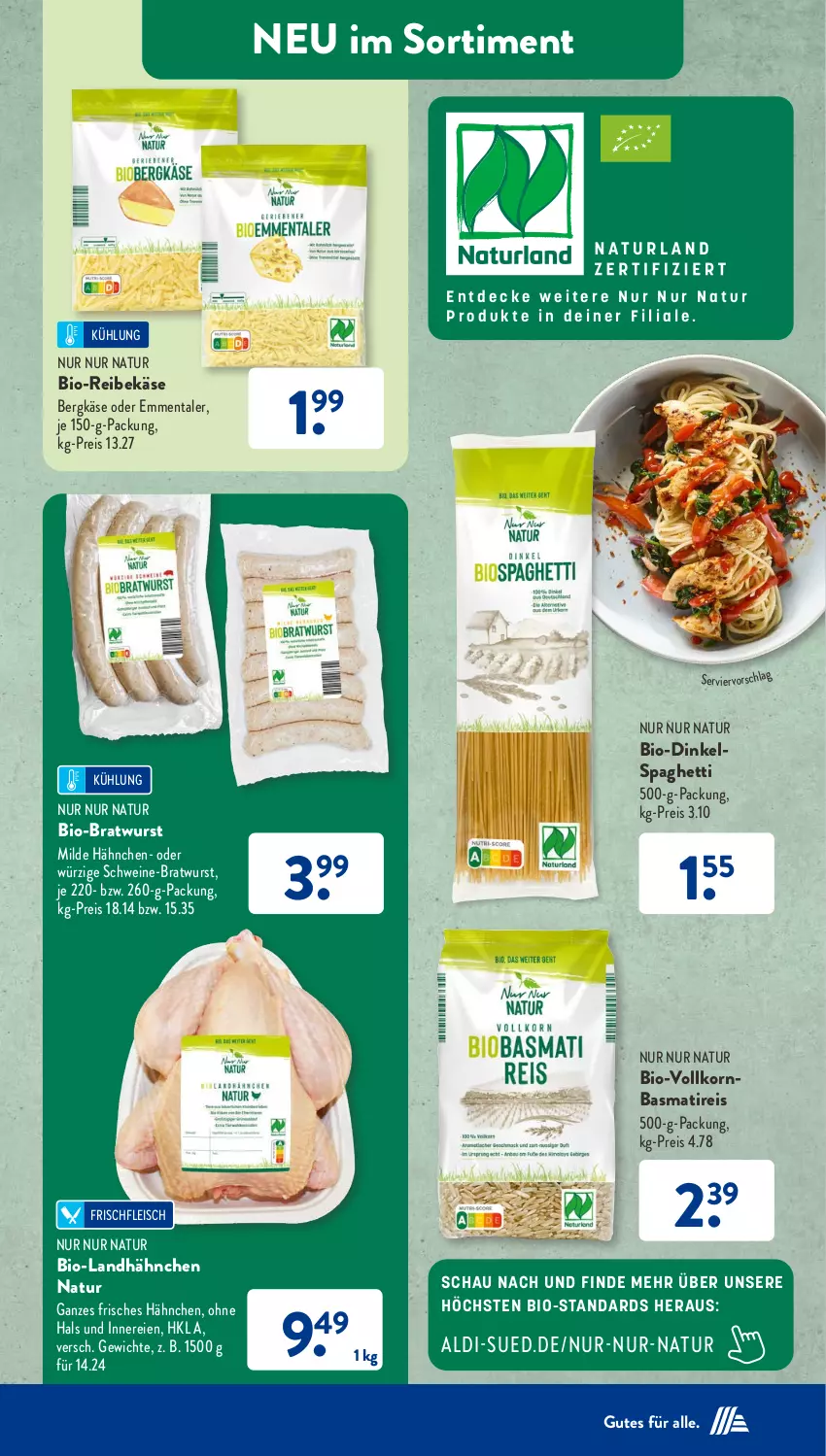 Aktueller Prospekt AldiSud - IN ZWEI WOCHEN - von 09.10 bis 14.10.2023 - strona 33 - produkty: aldi, basmati, Bergkäse, bio, bratwurst, decke, eis, emmentaler, fleisch, Käse, korn, natur, Reibekäse, reis, schwein, schweine, spaghetti, Ti, wein, weine, wurst