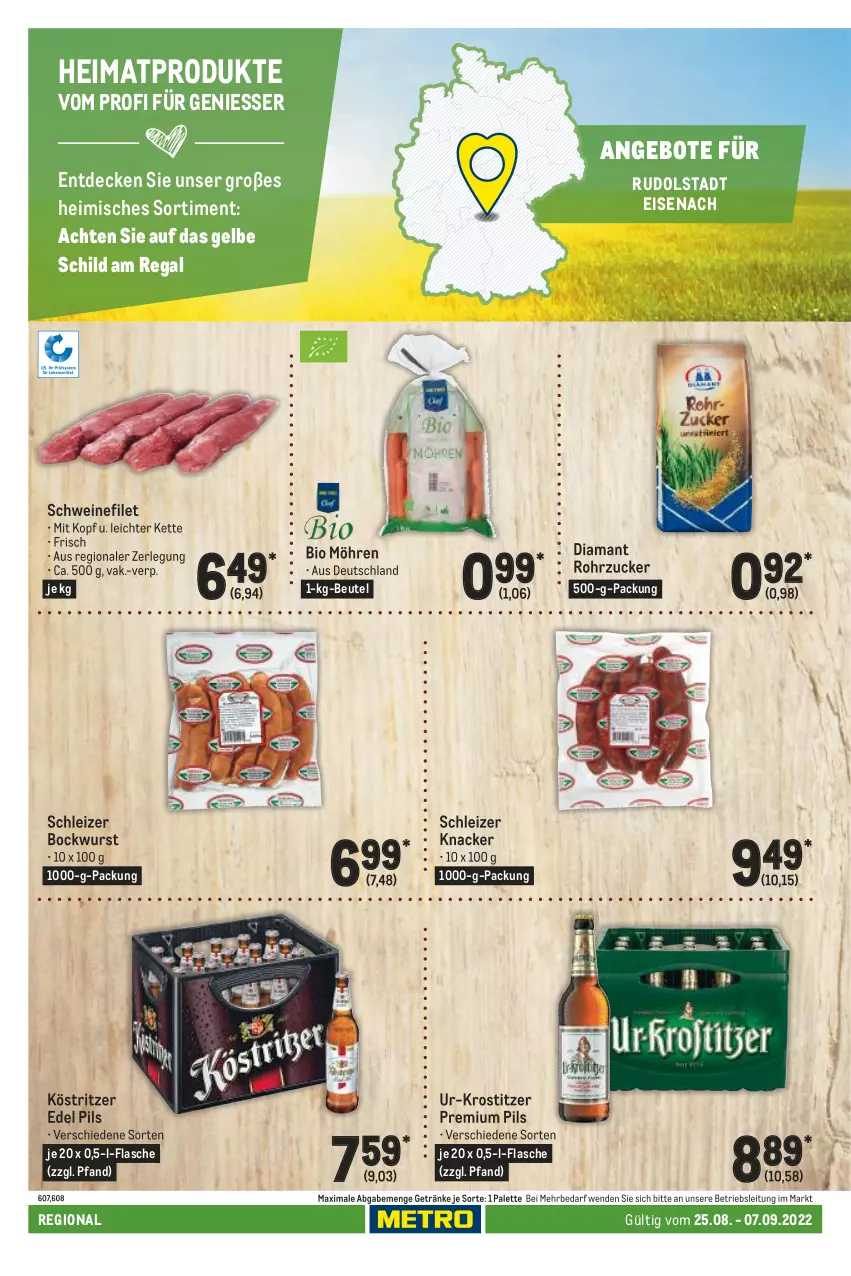 Aktueller Prospekt Metro - Regionaler Adresseinleger - von 25.08 bis 07.09.2022 - strona 102 - produkty: angebot, angebote, beutel, bio, bockwurst, decke, eis, filet, flasche, getränk, getränke, Kette, knacker, köstritzer, möhren, Palette, pils, premium pils, regal, rohrzucker, schwein, schweine, schweinefilet, Ti, wein, weine, wurst, zucker