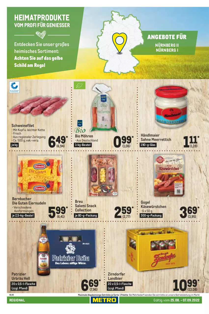 Aktueller Prospekt Metro - Regionaler Adresseinleger - von 25.08 bis 07.09.2022 - strona 108 - produkty: angebot, angebote, bernbacher, beutel, bier, bio, decke, eier, eiernudeln, filet, flasche, getränk, getränke, händlmaier, Käse, Kette, meerrettich, möhren, nudel, nudeln, Palette, regal, Rettich, sahne, salami, schwein, schweine, schweinefilet, snack, Ti, wein, weine, würstchen