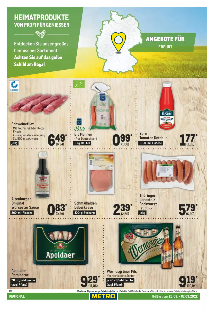 Aktueller Prospekt Metro - Regionaler Adresseinleger - von 25.08 bis 07.09.2022 - strona 116 - produkty: altenburger, angebot, angebote, beutel, bio, bockwurst, burger, decke, filet, flasche, getränk, getränke, gin, kaes, ketchup, Kette, möhren, Palette, pils, regal, ring, sauce, schwein, schweine, schweinefilet, Ti, tomate, tomaten, tomaten ketchup, wein, weine, wurst