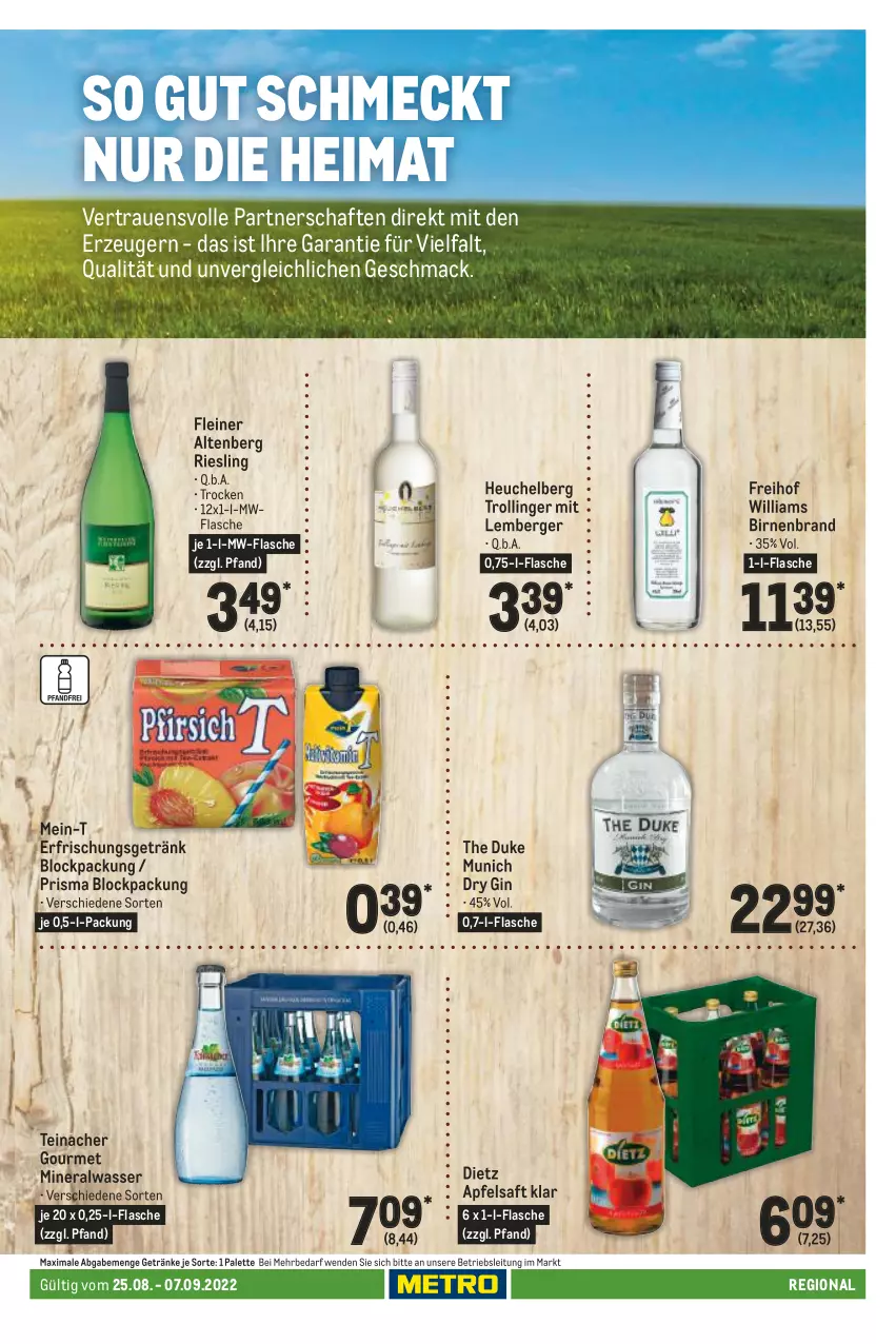 Aktueller Prospekt Metro - Regionaler Adresseinleger - von 25.08 bis 07.09.2022 - strona 119 - produkty: Alwa, apfel, apfelsaft, Berger, Birnen, dry gin, erfrischungsgetränk, flasche, getränk, getränke, gin, Heu, leine, mac, mineralwasser, mw-flasche, Palette, riesling, saft, Ti, trolli, trollinger, wasser, Williams Birne