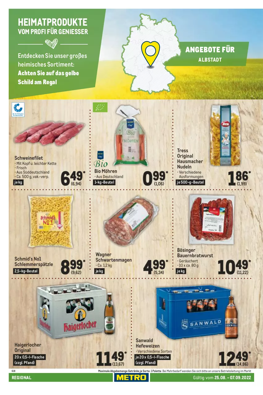 Aktueller Prospekt Metro - Regionaler Adresseinleger - von 25.08 bis 07.09.2022 - strona 122 - produkty: angebot, angebote, auer, Bau, Bauer, beutel, bio, bratwurst, decke, filet, flasche, getränk, getränke, gin, Hausmacher, Hefe, hefeweizen, Kette, mac, möhren, nudel, nudeln, Palette, regal, schwein, schweine, schweinefilet, Ti, wagner, wein, weine, wurst