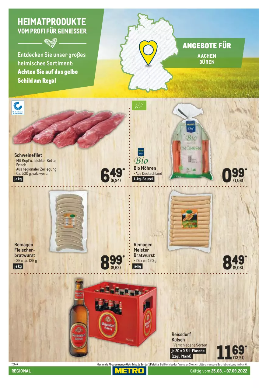 Aktueller Prospekt Metro - Regionaler Adresseinleger - von 25.08 bis 07.09.2022 - strona 24 - produkty: angebot, angebote, beutel, bio, bratwurst, decke, eis, filet, flasche, fleisch, getränk, getränke, Kette, Meister, möhren, Palette, regal, reis, reiss, schwein, schweine, schweinefilet, ssd, Ti, wein, weine, wurst