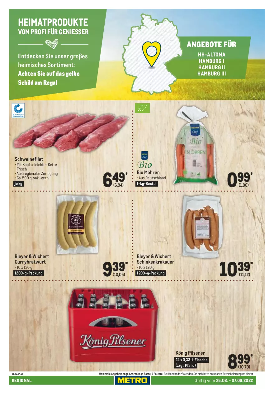 Aktueller Prospekt Metro - Regionaler Adresseinleger - von 25.08 bis 07.09.2022 - strona 26 - produkty: angebot, angebote, auer, beutel, bio, bley, curry, decke, filet, flasche, getränk, getränke, Kette, könig pilsener, krakauer, möhren, Palette, pils, pilsener, regal, schinken, schinkenkrakauer, schwein, schweine, schweinefilet, Ti, wein, weine