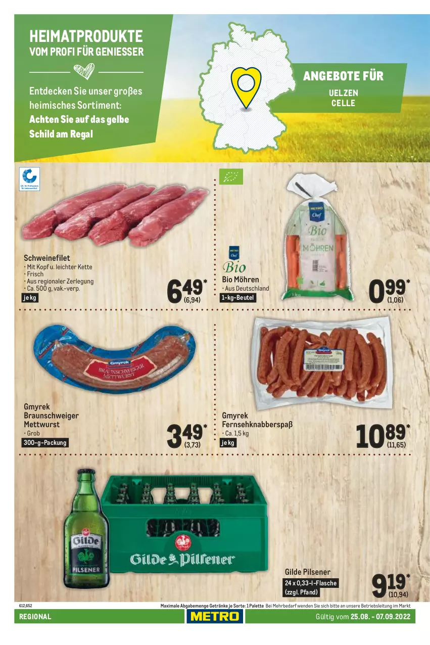 Aktueller Prospekt Metro - Regionaler Adresseinleger - von 25.08 bis 07.09.2022 - strona 28 - produkty: angebot, angebote, beutel, bio, braun, decke, elle, filet, flasche, getränk, getränke, Kette, Mett, mettwurst, möhren, Palette, pils, pilsener, regal, schwein, schweine, schweinefilet, Ti, wein, weine, wurst