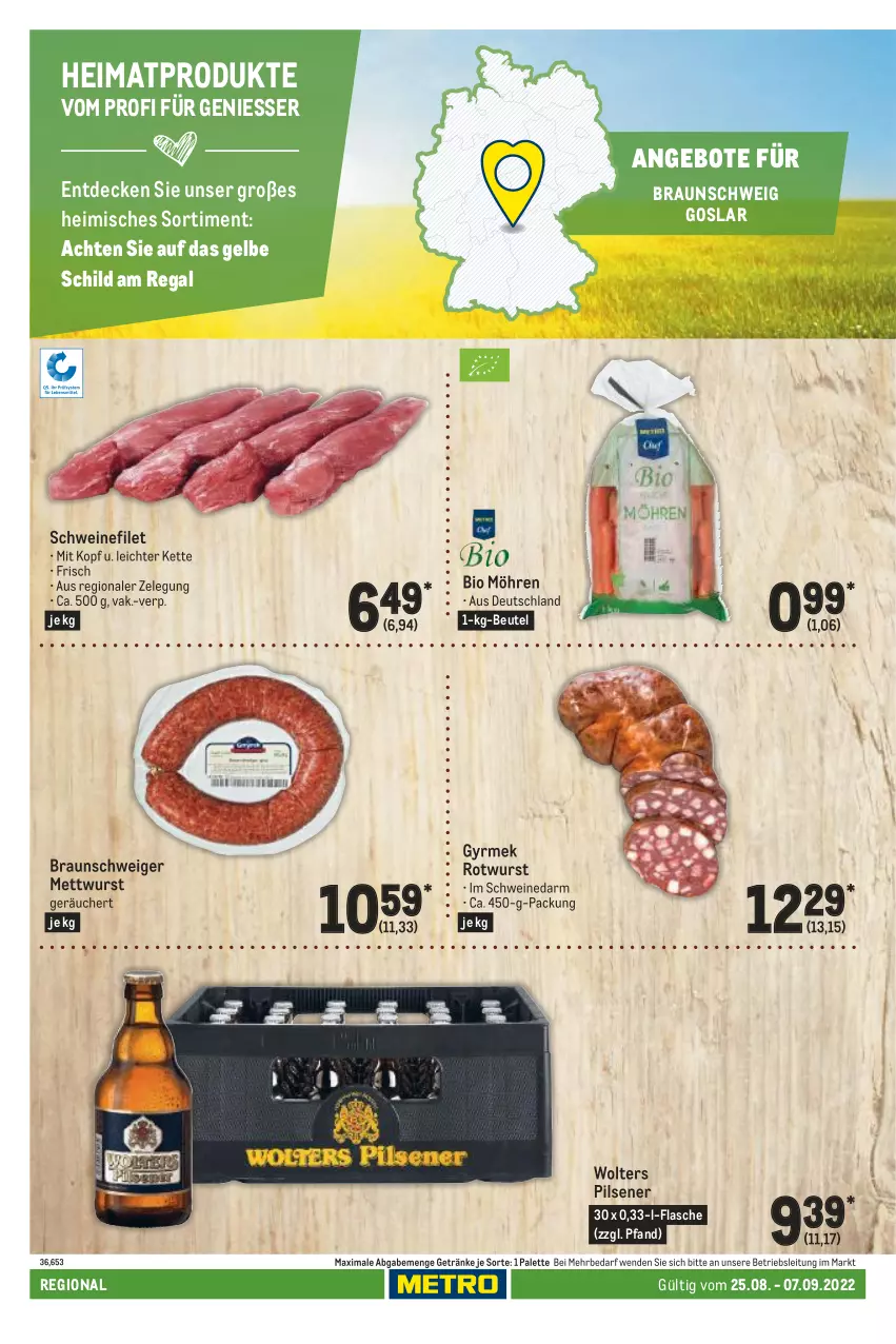 Aktueller Prospekt Metro - Regionaler Adresseinleger - von 25.08 bis 07.09.2022 - strona 40 - produkty: angebot, angebote, beutel, bio, braun, decke, filet, flasche, getränk, getränke, Kette, Mett, mettwurst, möhren, Palette, pils, pilsener, regal, Rotwurst, schwein, schweine, schweinefilet, Ti, wein, weine, wurst