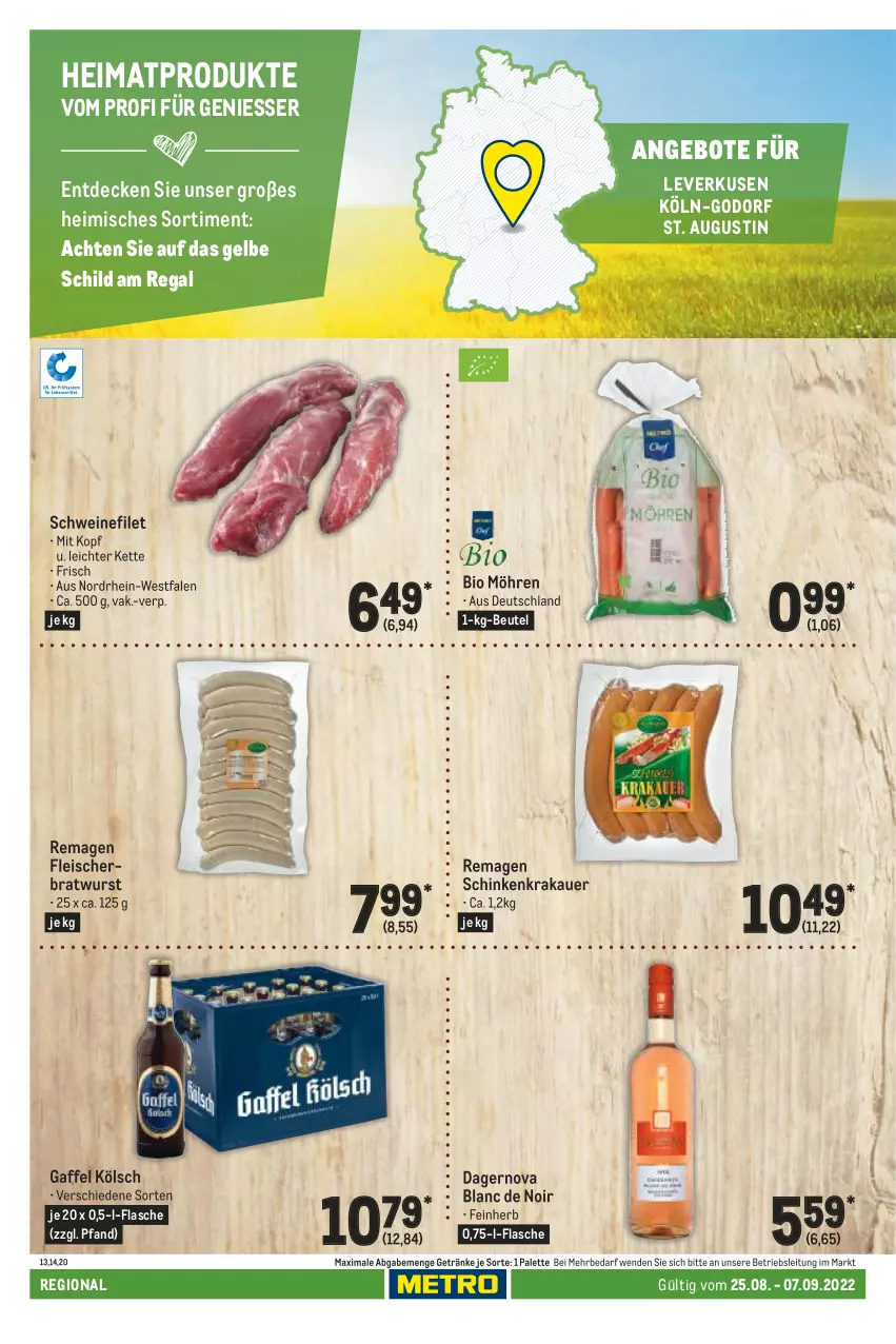 Aktueller Prospekt Metro - Regionaler Adresseinleger - von 25.08 bis 07.09.2022 - strona 48 - produkty: angebot, angebote, auer, beutel, bio, bratwurst, decke, eis, filet, flasche, fleisch, getränk, getränke, Kette, krakauer, möhren, Palette, regal, schinken, schinkenkrakauer, schwein, schweine, schweinefilet, Ti, wein, weine, wurst