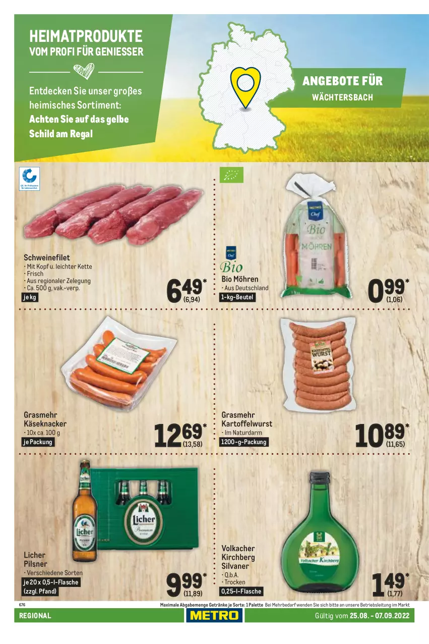 Aktueller Prospekt Metro - Regionaler Adresseinleger - von 25.08 bis 07.09.2022 - strona 60 - produkty: angebot, angebote, beutel, bio, decke, filet, flasche, getränk, getränke, kartoffel, Käse, Kette, knacker, möhren, natur, Palette, pils, pilsner, regal, schwein, schweine, schweinefilet, silvaner, Ti, wein, weine, wurst