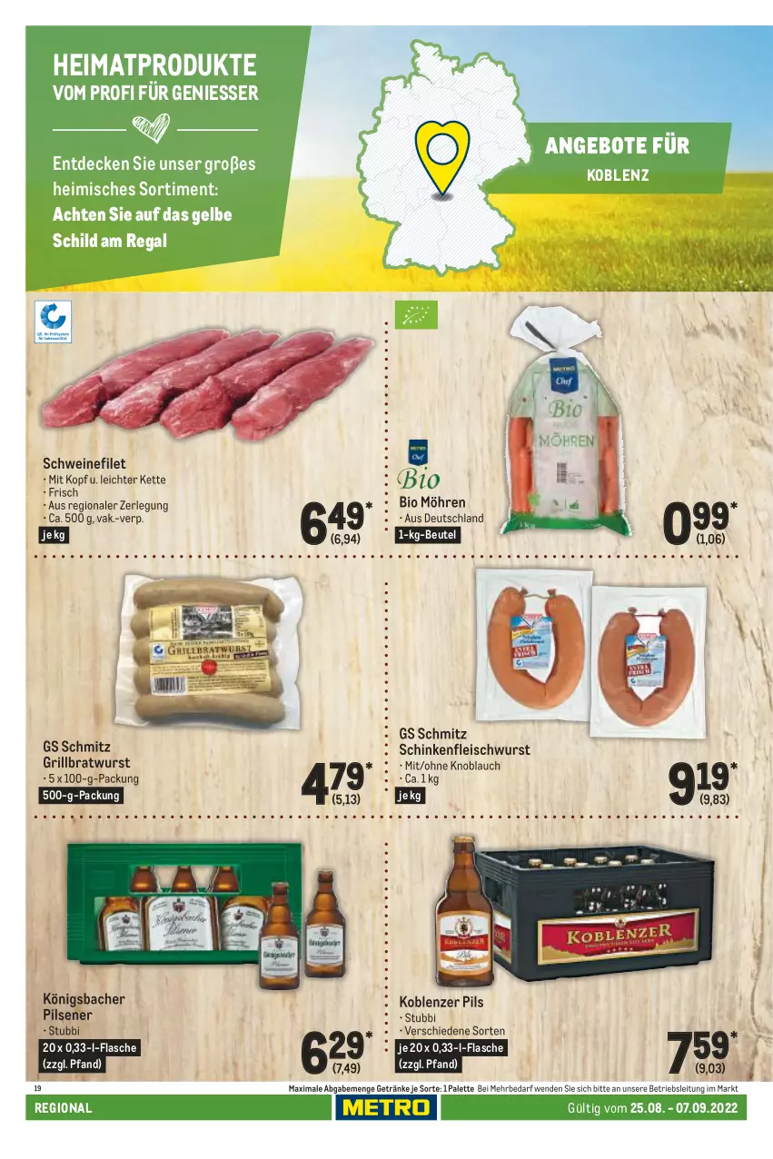 Aktueller Prospekt Metro - Regionaler Adresseinleger - von 25.08 bis 07.09.2022 - strona 72 - produkty: angebot, angebote, beutel, bio, bratwurst, decke, eis, filet, flasche, fleisch, fleischwurst, getränk, getränke, grill, grillbratwurst, Kette, knoblauch, möhren, Palette, pils, pilsener, regal, schinken, schinkenfleischwurst, schwein, schweine, schweinefilet, Ti, wein, weine, wurst