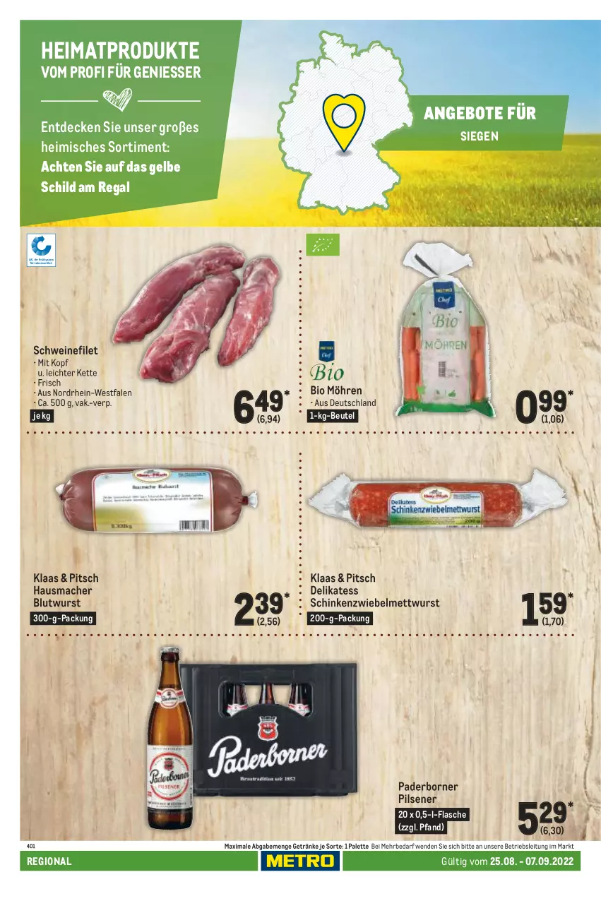 Aktueller Prospekt Metro - Regionaler Adresseinleger - von 25.08 bis 07.09.2022 - strona 8 - produkty: angebot, angebote, beutel, bio, decke, filet, flasche, getränk, getränke, Hausmacher, Kette, mac, Mett, mettwurst, möhren, Palette, pils, pilsener, regal, schinken, schwein, schweine, schweinefilet, Ti, wein, weine, wurst, zwiebel, zwiebelmettwurst