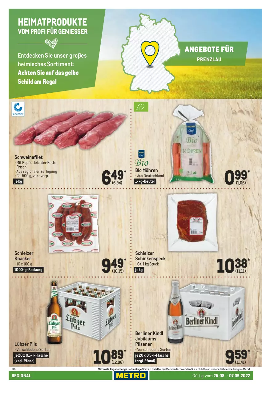 Aktueller Prospekt Metro - Regionaler Adresseinleger - von 25.08 bis 07.09.2022 - strona 82 - produkty: angebot, angebote, berliner, berliner kindl, beutel, bio, decke, filet, flasche, getränk, getränke, Jubiläums, Kette, knacker, Lübzer, möhren, Palette, pils, pilsener, regal, schinken, schinkenspeck, schwein, schweine, schweinefilet, Speck, Ti, wein, weine