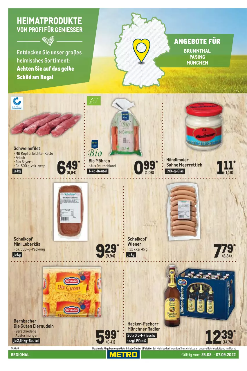 Aktueller Prospekt Metro - Regionaler Adresseinleger - von 25.08 bis 07.09.2022 - strona 86 - produkty: angebot, angebote, bernbacher, beutel, bio, decke, eier, eiernudeln, filet, flasche, getränk, getränke, händlmaier, Kette, leberkäs, meerrettich, möhren, nudel, nudeln, Palette, radler, regal, Rettich, sahne, schwein, schweine, schweinefilet, Ti, wein, weine, wiener