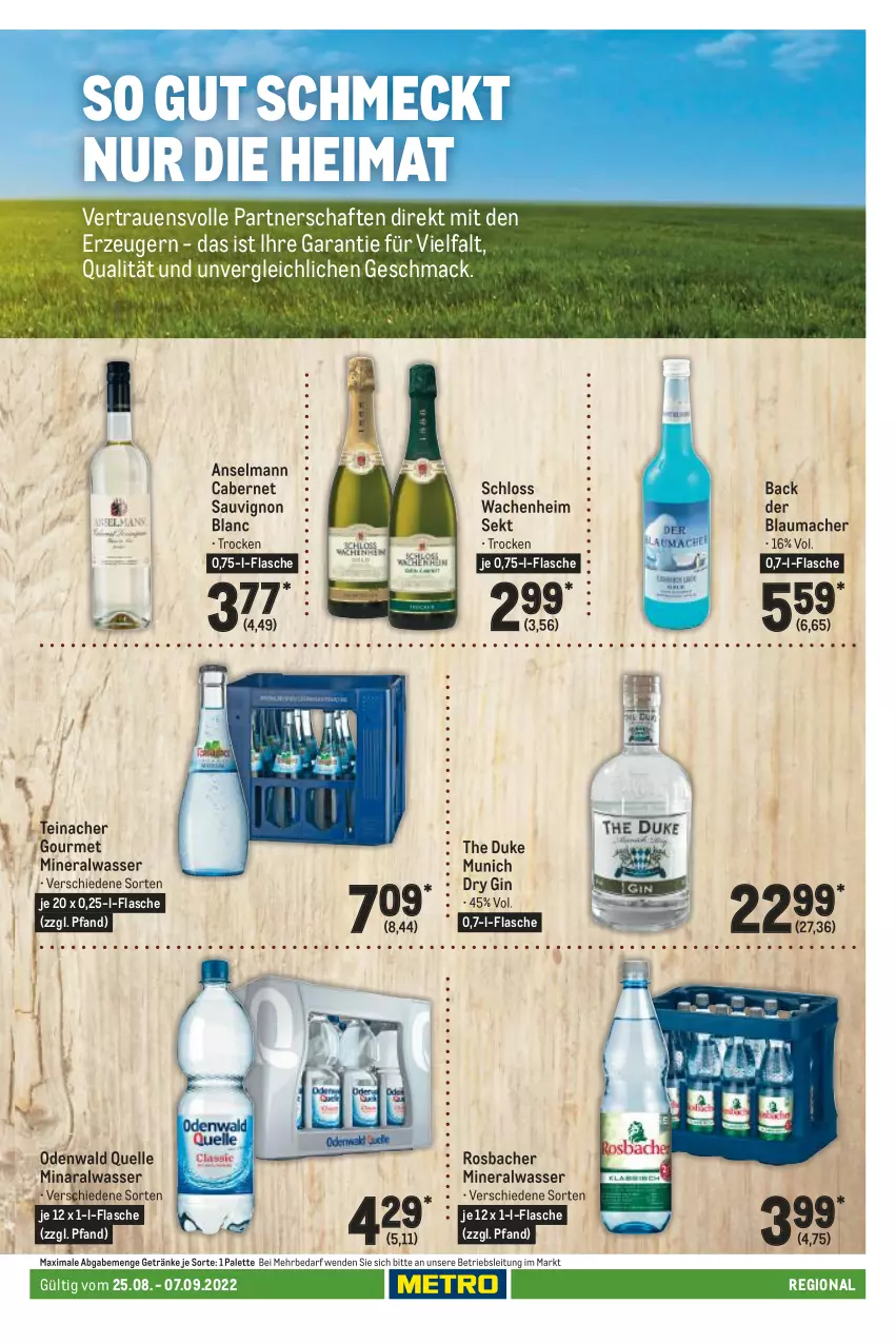 Aktueller Prospekt Metro - Regionaler Adresseinleger - von 25.08 bis 07.09.2022 - strona 95 - produkty: Alwa, cabernet, cabernet sauvignon, dry gin, elle, flasche, getränk, getränke, gin, mac, mineralwasser, odenwald, Palette, sauvignon, sauvignon blanc, sekt, Ti, wasser