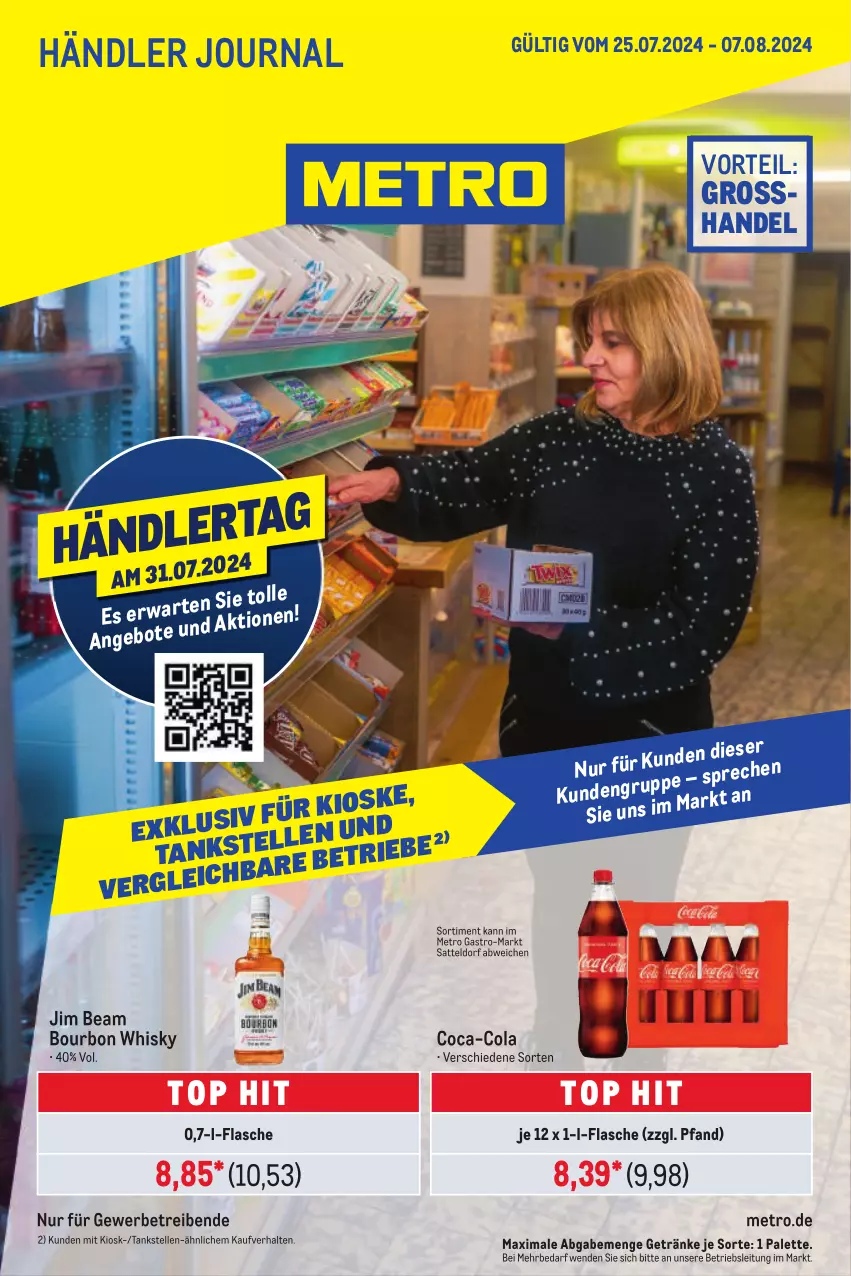 Aktueller Prospekt Metro - Händler Journal - von 25.07 bis 07.08.2024 - strona 1 - produkty: angebot, angebote, bourbon, coca-cola, cola, elle, flasche, getränk, getränke, jim beam, Metro, metro gastro, Palette, sattel, Ti, whisky