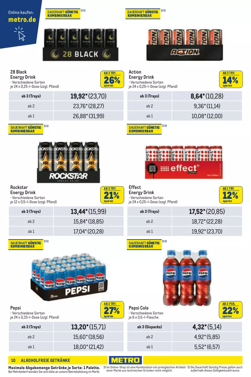 Aktueller Prospekt Metro - Händler Journal - von 25.07 bis 07.08.2024 - strona 10 - produkty: alkohol, alkoholfreie getränke, auer, cola, drink, Effect, eis, energy drink, flasche, getränk, getränke, lack, Metro, Palette, pepsi, Pepsi Cola, reis, Rockstar, Ti