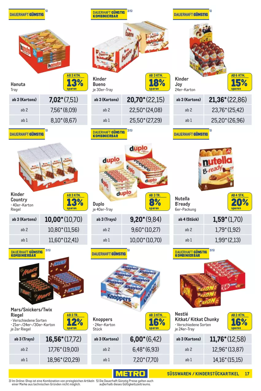 Aktueller Prospekt Metro - Händler Journal - von 25.07 bis 07.08.2024 - strona 17 - produkty: auer, duplo, eis, hanuta, Kinder, kinder bueno, kinder country, kitkat, knoppers, mars, nestlé, nutella, reis, riegel, snickers, süsswaren, Ti, twix