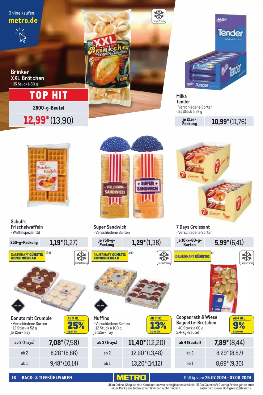 Aktueller Prospekt Metro - Händler Journal - von 25.07 bis 07.08.2024 - strona 18 - produkty: auer, baguette, beutel, brötchen, coppenrath, Croissant, Donut, donuts, eis, Metro, milka, Muffin, muffins, reis, rum, sandwich, Spezi, tender, Ti, Tiefkühlware, waffeln