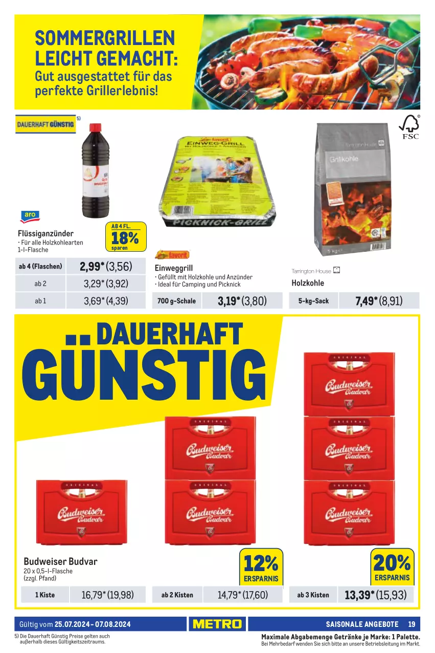 Aktueller Prospekt Metro - Händler Journal - von 25.07 bis 07.08.2024 - strona 19 - produkty: angebot, angebote, anzünder, auer, budweiser, Einweggrill, eis, flasche, getränk, getränke, grill, Holz, holzkohle, mac, Palette, reis, sac, Schal, Schale, Ti