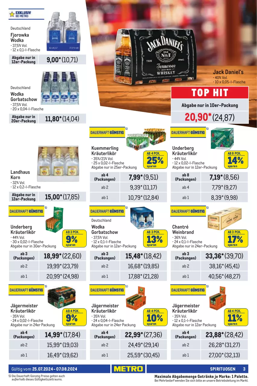 Aktueller Prospekt Metro - Händler Journal - von 25.07 bis 07.08.2024 - strona 3 - produkty: auer, chantré, eis, flasche, Germ, getränk, getränke, Gorbatschow, jack daniel, jägermeister, korn, kräuter, kräuterlikör, kuemmerling, likör, Meister, merl, Palette, reis, spirituosen, Ti, underberg, wein, weinbrand, wodka