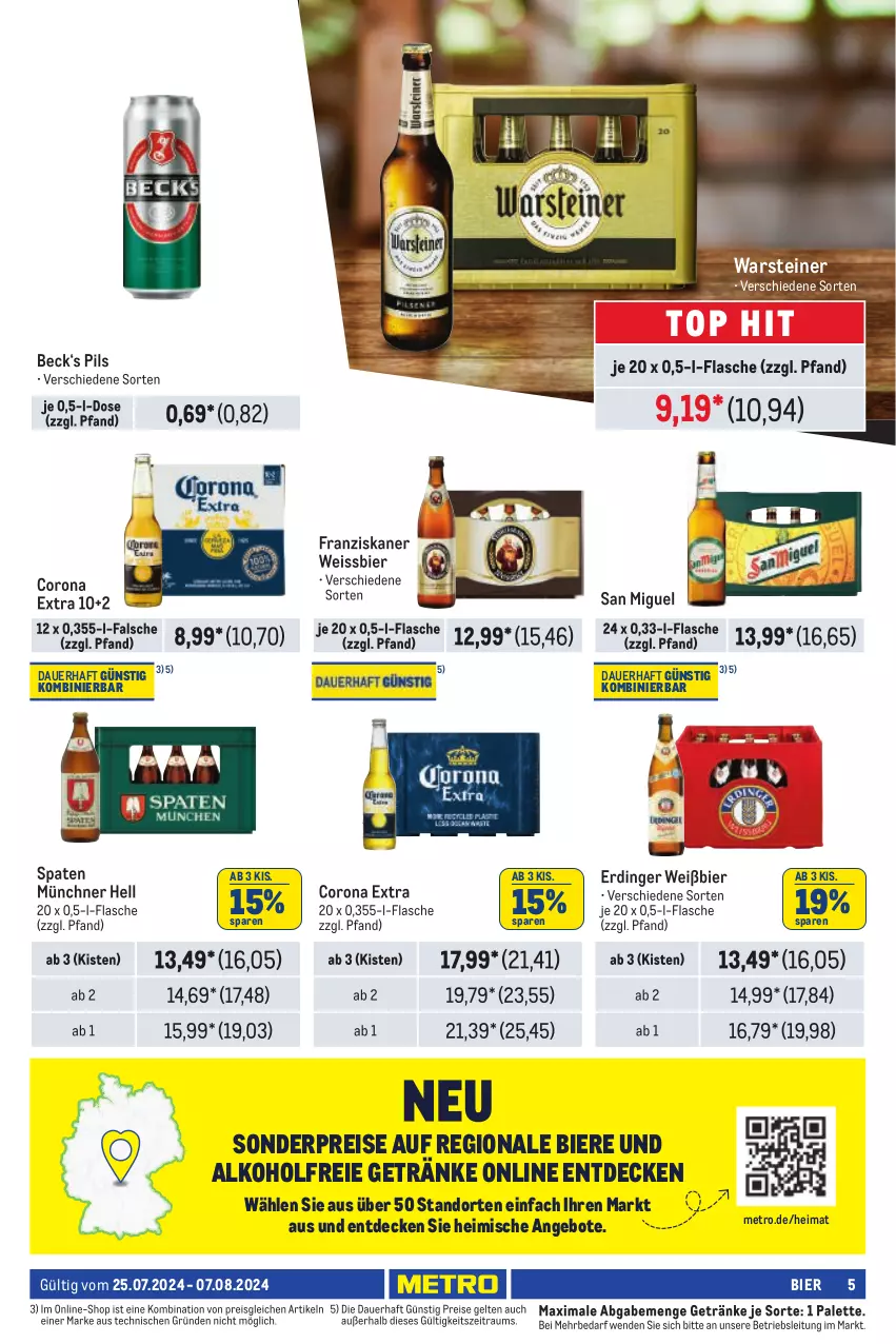 Aktueller Prospekt Metro - Händler Journal - von 25.07 bis 07.08.2024 - strona 5 - produkty: alkohol, alkoholfreie getränke, angebot, angebote, auer, bier, Biere, corona, corona extra, decke, eis, erdinger, flasche, franziskaner, getränk, getränke, Metro, Palette, pils, reis, Spaten, steiner, Ti, warsteiner, weissbier