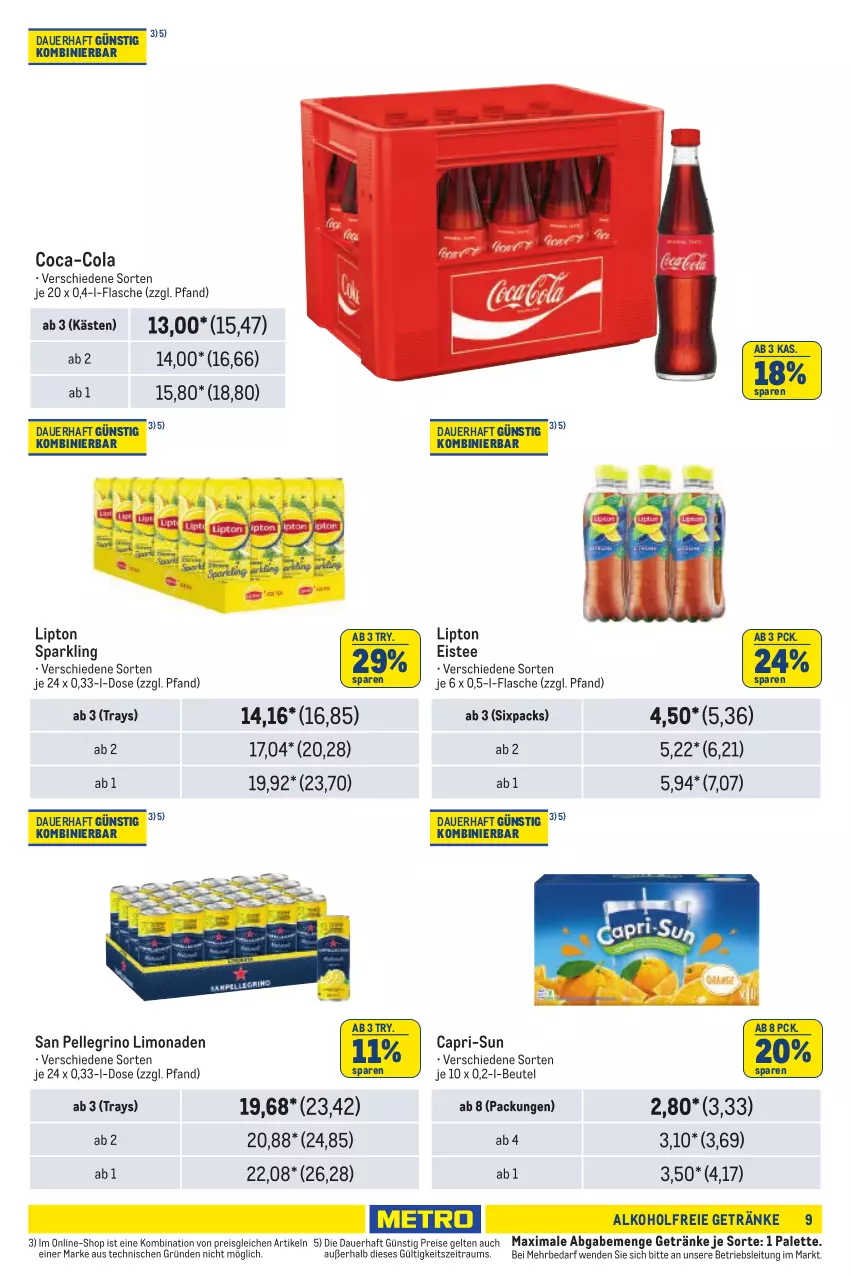 Aktueller Prospekt Metro - Händler Journal - von 25.07 bis 07.08.2024 - strona 9 - produkty: alkohol, alkoholfreie getränke, auer, beutel, Cap, capri-sun, coca-cola, cola, eis, eistee, elle, flasche, getränk, getränke, limo, limonade, limonaden, lipton, Palette, reis, san pellegrino, tee, Ti