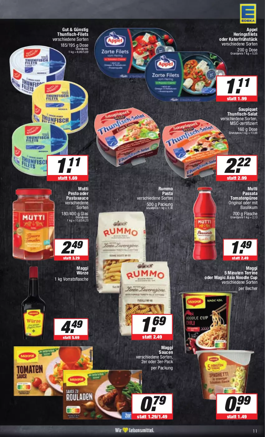 Aktueller Prospekt Edeka - Angebote der Woche - von 25.09 bis 30.09.2023 - strona 11 - produkty: basilikum, Becher, eis, filet, filets, fisch, flasche, gin, hering, Herings, heringsfilets, maggi, maggi würze, Mutti, pasta, pesto, püree, reis, ring, rum, salat, sauce, saucen, saupiquet, terrine, thunfisch, Ti, tomate, tomaten