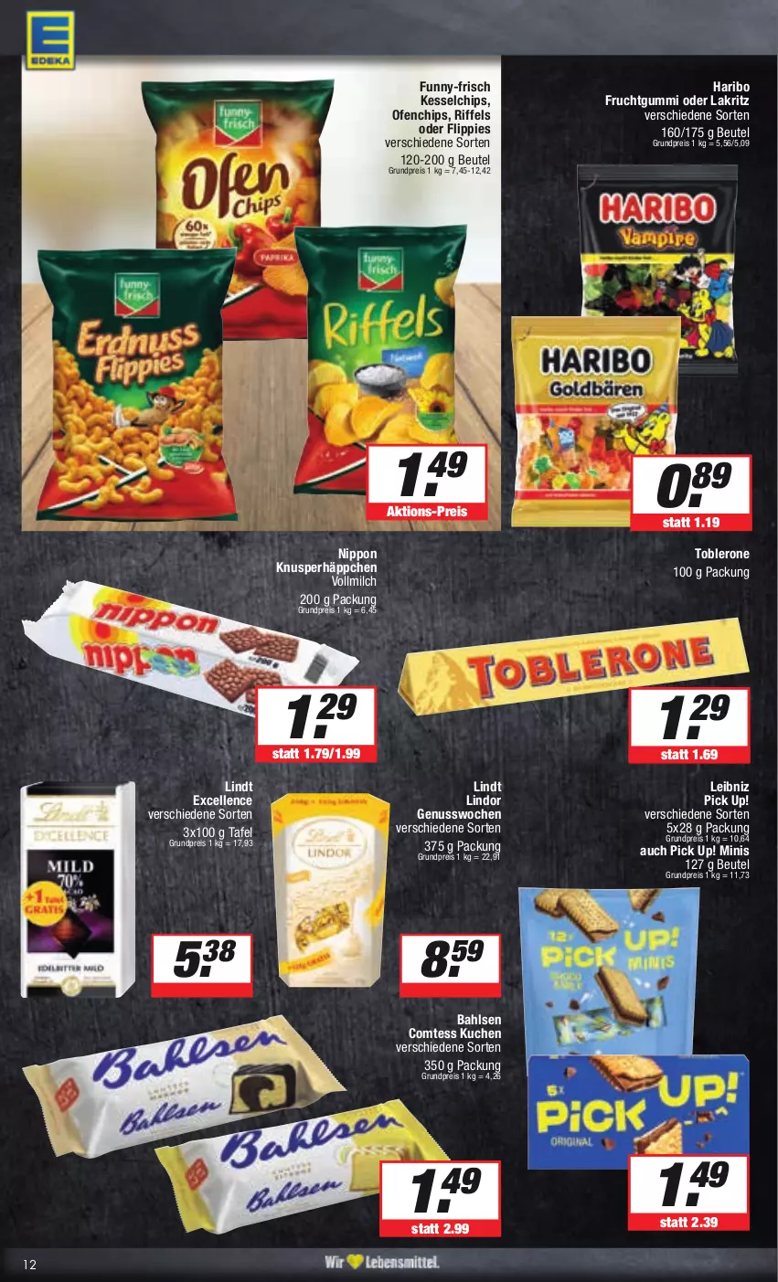 Aktueller Prospekt Edeka - Angebote der Woche - von 25.09 bis 30.09.2023 - strona 12 - produkty: bahlsen, beutel, chips, comtess, comtess kuchen, eis, elle, flippies, frucht, fruchtgummi, funny-frisch, haribo, kuchen, Lakritz, leibniz, lindor, lindt, milch, nippon, nuss, oder lakritz, Ofen, Pick Up!, reis, Ti, toblerone, vollmilch