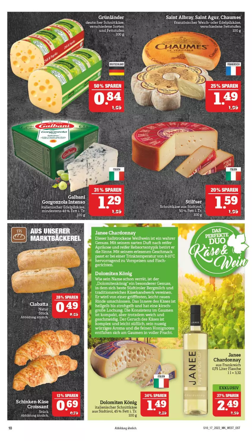 Aktueller Prospekt Marktkauf - Prospekt - von 24.04 bis 30.04.2022 - strona 10 - produkty: albray, aprikose, berliner, chardonnay, chaumes, ciabatta, deutscher schnittkäse, eis, fisch, galbani, gorgonzola, grünländer, honig, intenso, Käse, kirsch, LG, mac, milch, natur, nuss, rind, Saint Agur, saint albray, schinken, schnittkäse, südtiroler, tee, Ti, vorspeise, wein, Weißwein, Yo