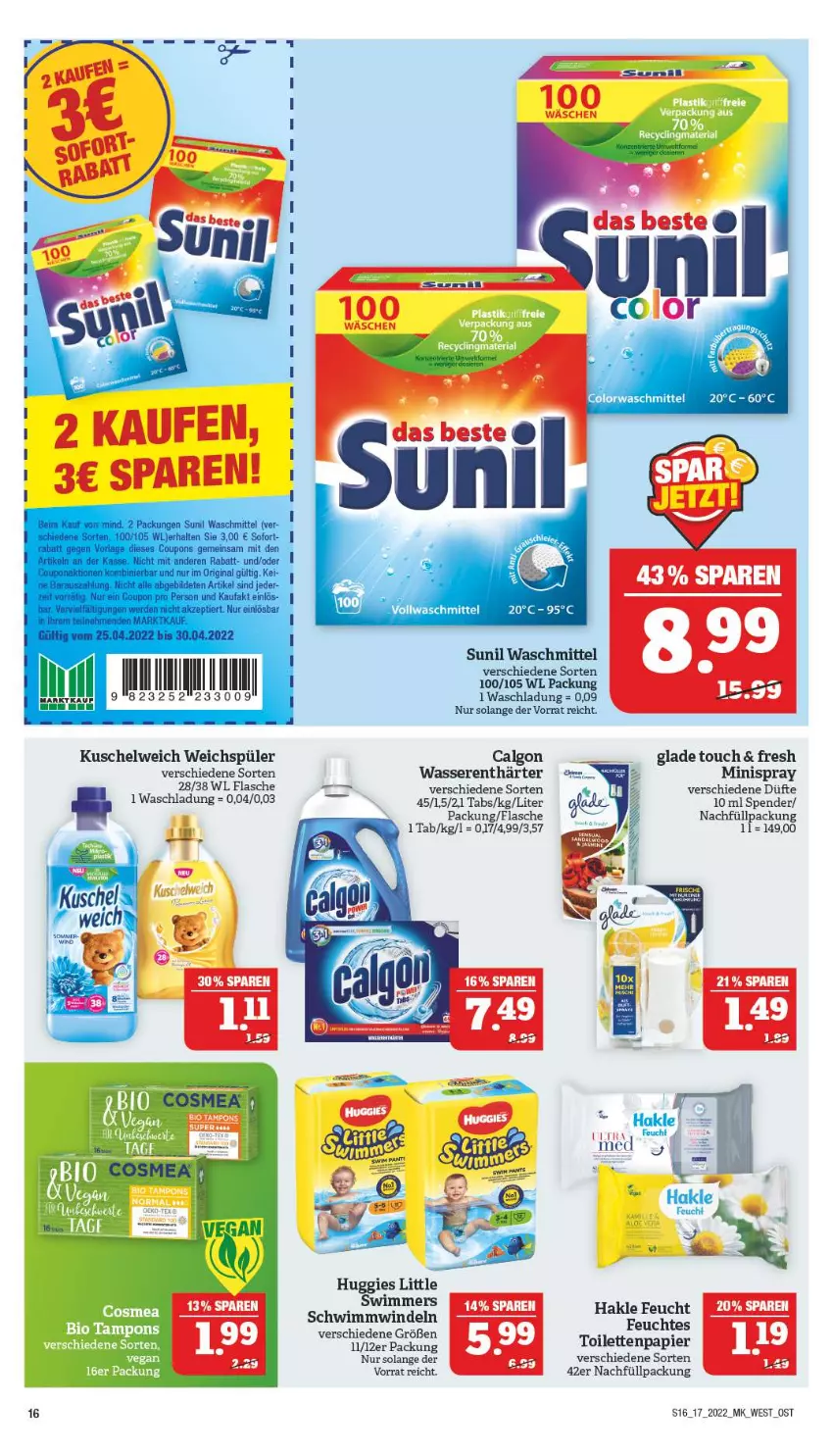 Aktueller Prospekt Marktkauf - Prospekt - von 24.04 bis 30.04.2022 - strona 16 - produkty: calgon, coupon, coupons, erde, flasche, gin, Glade, Huggies, Kuschelweich, LG, papier, Ria, sunil, Ti, toilettenpapier, waschmittel, wasser, wasserenthärter, weichspüler