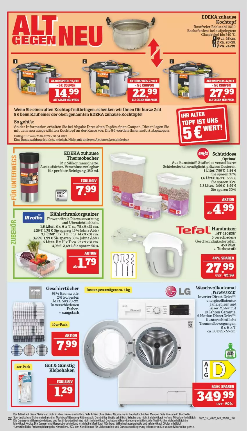 Aktueller Prospekt Marktkauf - Prospekt - von 24.04 bis 30.04.2022 - strona 22 - produkty: auto, backofen, Bau, baumwolle, Becher, coupon, decke, Deckel, deka, edelstahl, eier, eis, elle, ente, erde, geschirr, geschirrtücher, Glasdeckel, handmixer, kleid, Kleidung, Kochtopf, kühlschrank, LG, lieferservice, Mixer, Ofen, Reinigung, reis, ring, rwe, Schrank, schuhe, Sport, teller, Ti, topf, trommel, tücher, waschvollautomat, wolle