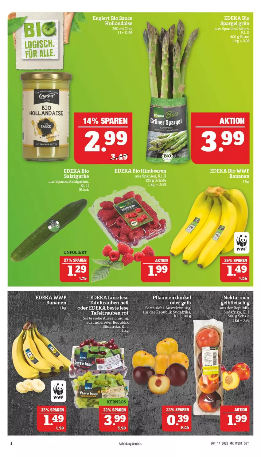 Aktueller Prospekt Marktkauf - Prospekt - von 24.04 bis 30.04.2022 - strona 4 - produkty: banane, bananen, bio, deka, edeka bio, eier, eis, fleisch, gurke, hollandaise, LG, Nektar, nektarinen, salat, Salatgurke, sauce, Schal, Schale, tafeltrauben, trauben