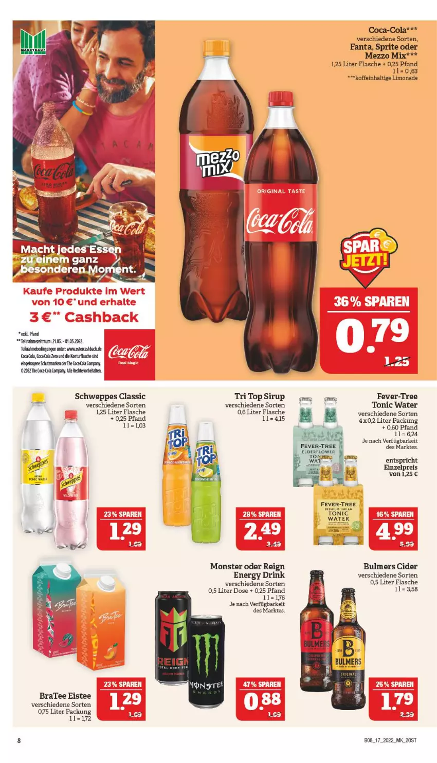 Aktueller Prospekt Marktkauf - Prospekt - von 24.04 bis 30.04.2022 - strona 40 - produkty: BraTee, cider, coca-cola, cola, drink, eis, eistee, energy drink, fanta, fever-tree, flasche, limo, limonade, Mezzo Mix, monster, reis, schweppes, sirup, sprite, tee, Ti, tonic, tonic water